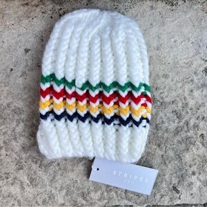 NWT HBC Hudson’s Bay Company Stripes White Knit Beanie with Multicolor Accents
